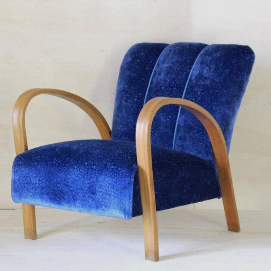 1920 Art Deco Blue Velvet Armchair, Solid Beech Wood, France