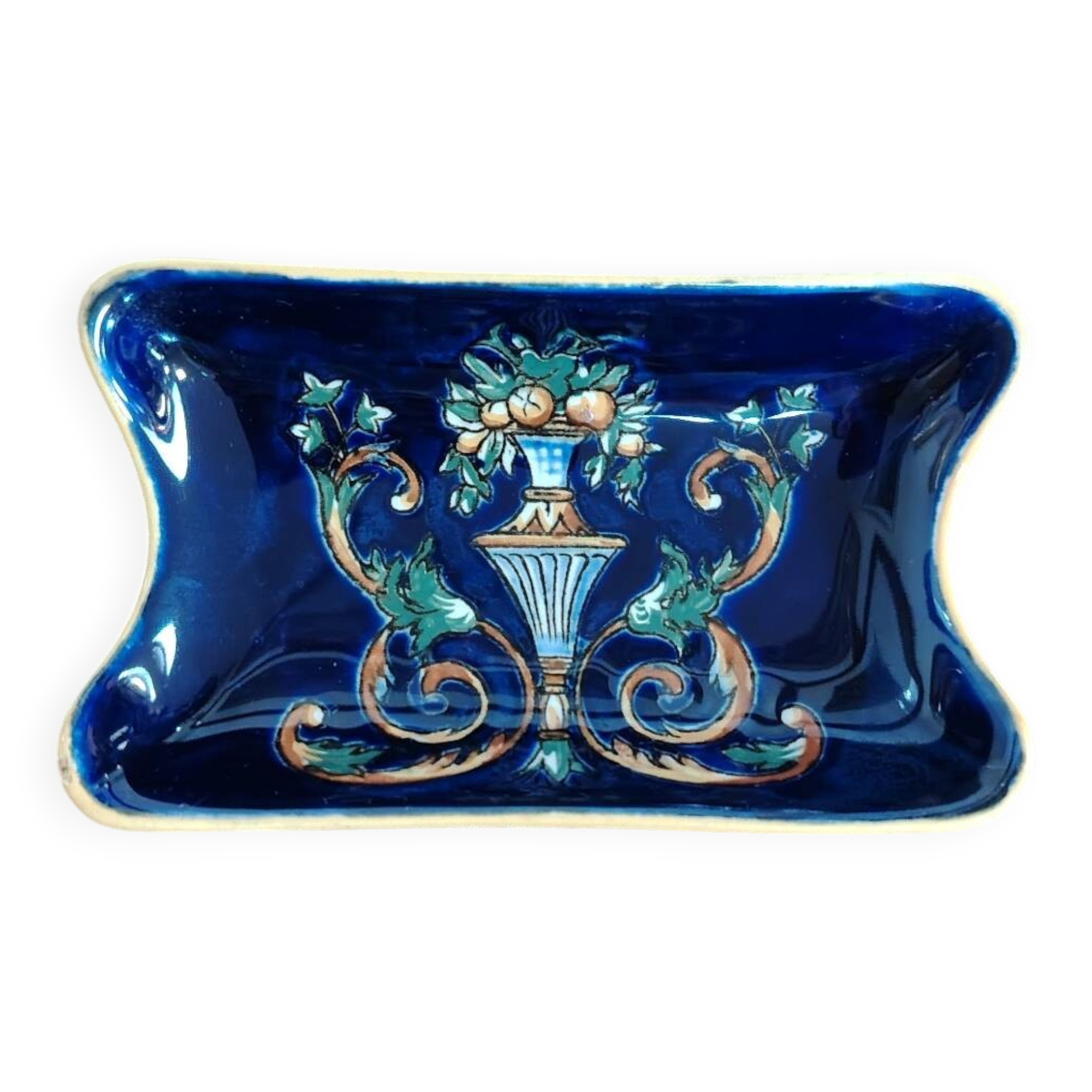 Petit vide-poche rectangulaire faïence de Gien Renaissance fond bleu
