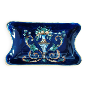Small rectangular porcelain pocket tray from Gien Renaissance with a blue background.