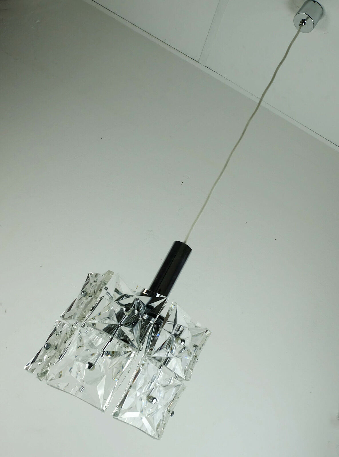 vintage PENDANT LIGHT crystal glass and chrome 14 glass prisms 1960s
