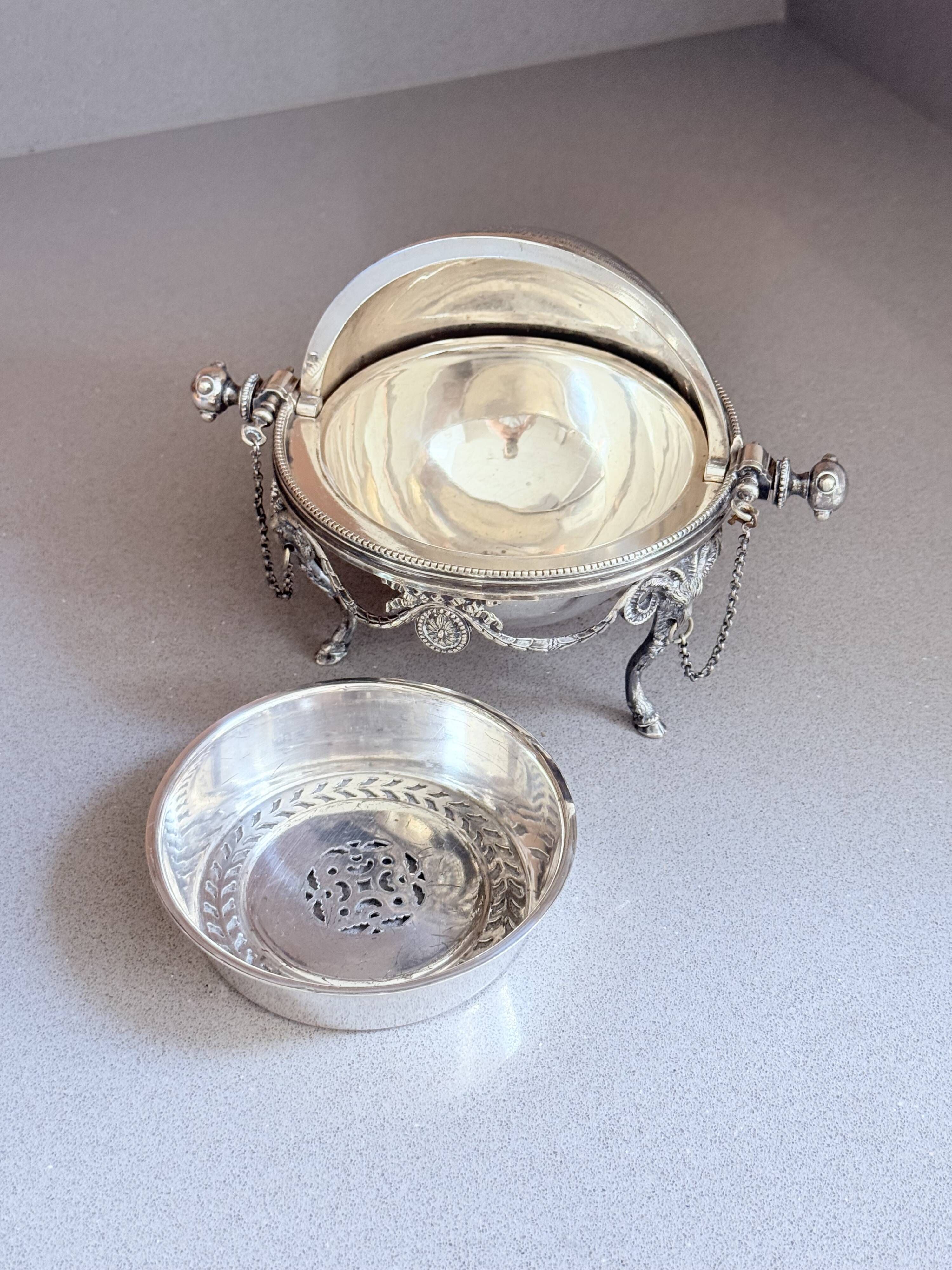 Antique English Silver-Plated Roll-Top Caviar Dish with Ram’s-Head Decoration