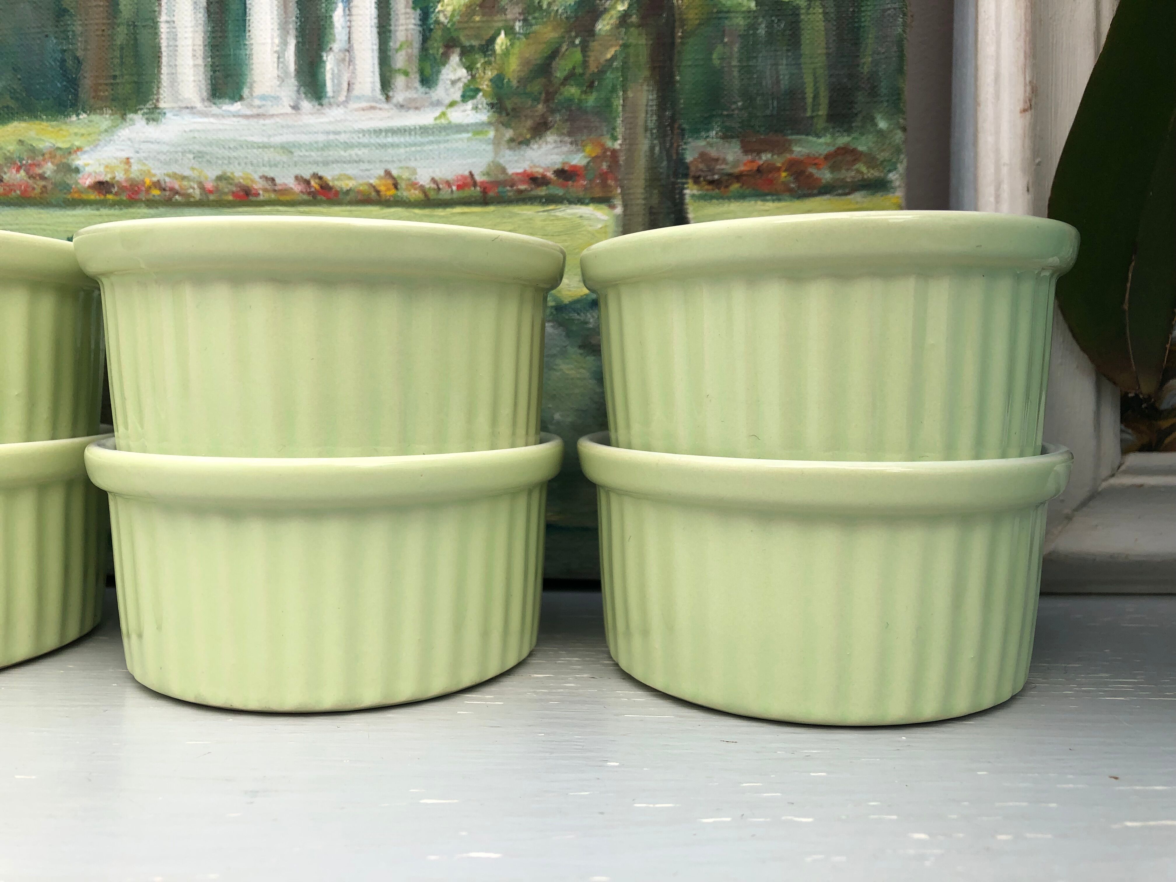 Set of 8 pastel green ramekins (anise) signed France
