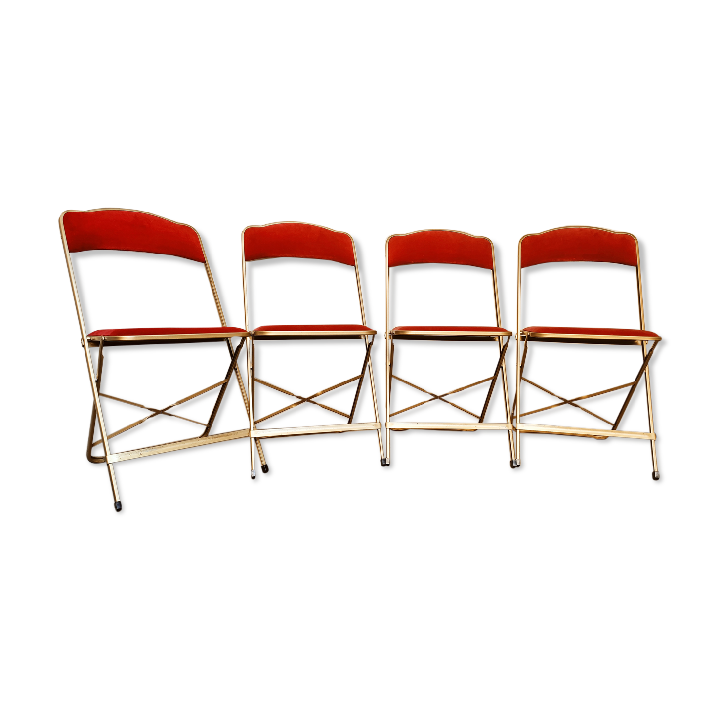 4 golden foldable chairs in scarlet velvet