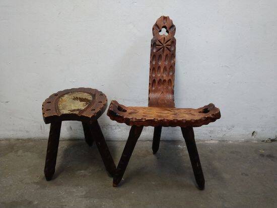 Vintage Spanish Wooden Chair and Stool from the 1970s