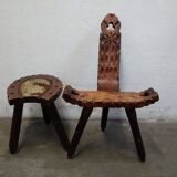 Vintage Spanish Wooden Chair and Stool from the 1970s