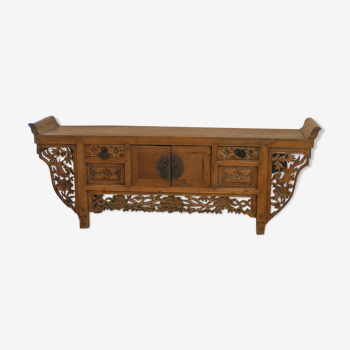 Chinese console carved in wood, with 2 drawers, door with metal plate, and stud closure