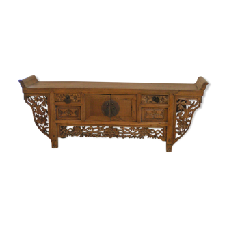 Chinese console carved in wood, with 2 drawers, door with metal plate, and stud closure