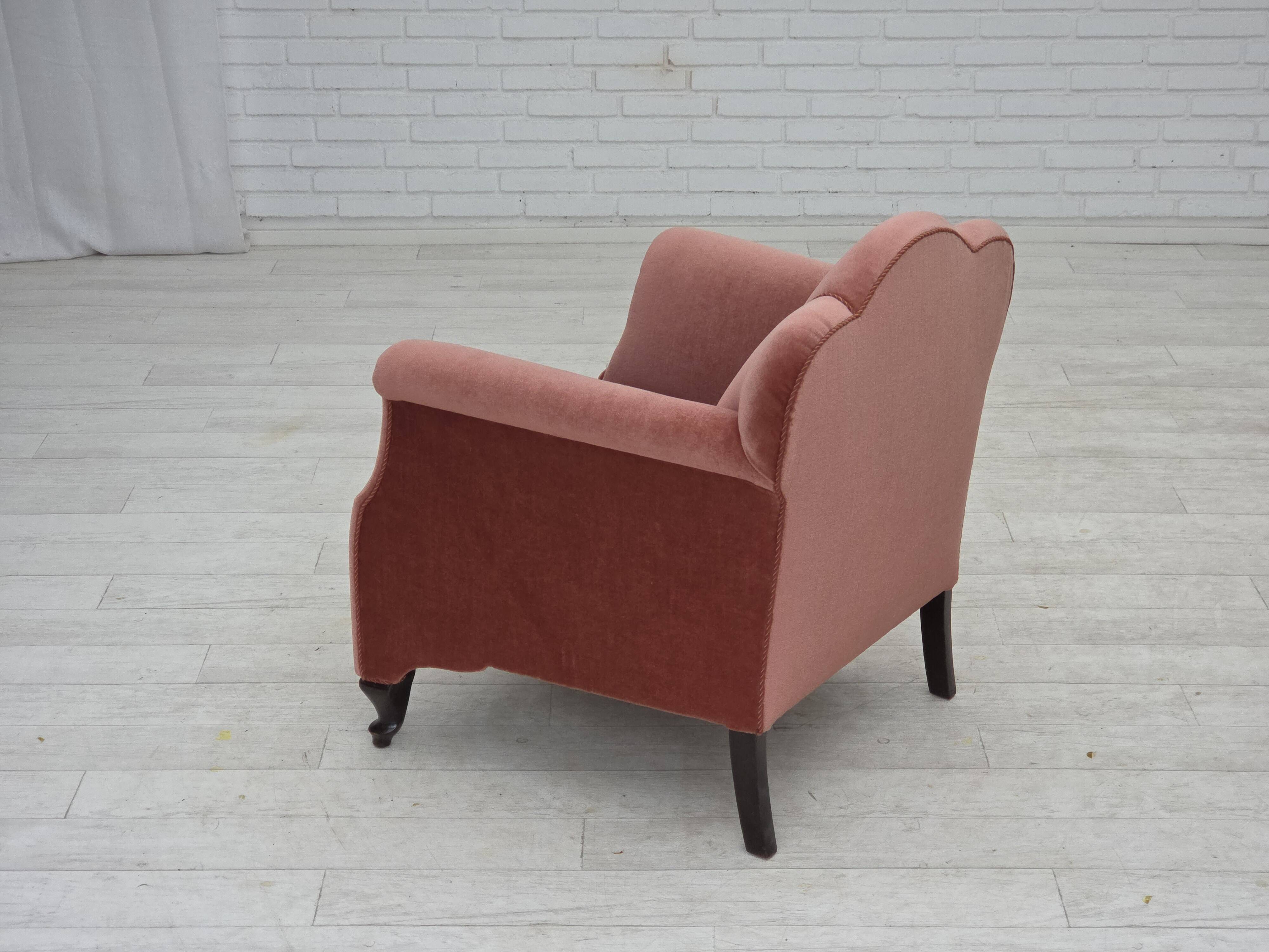 1950s, Danish armchair, salmon pink furniture velour, oak wood.