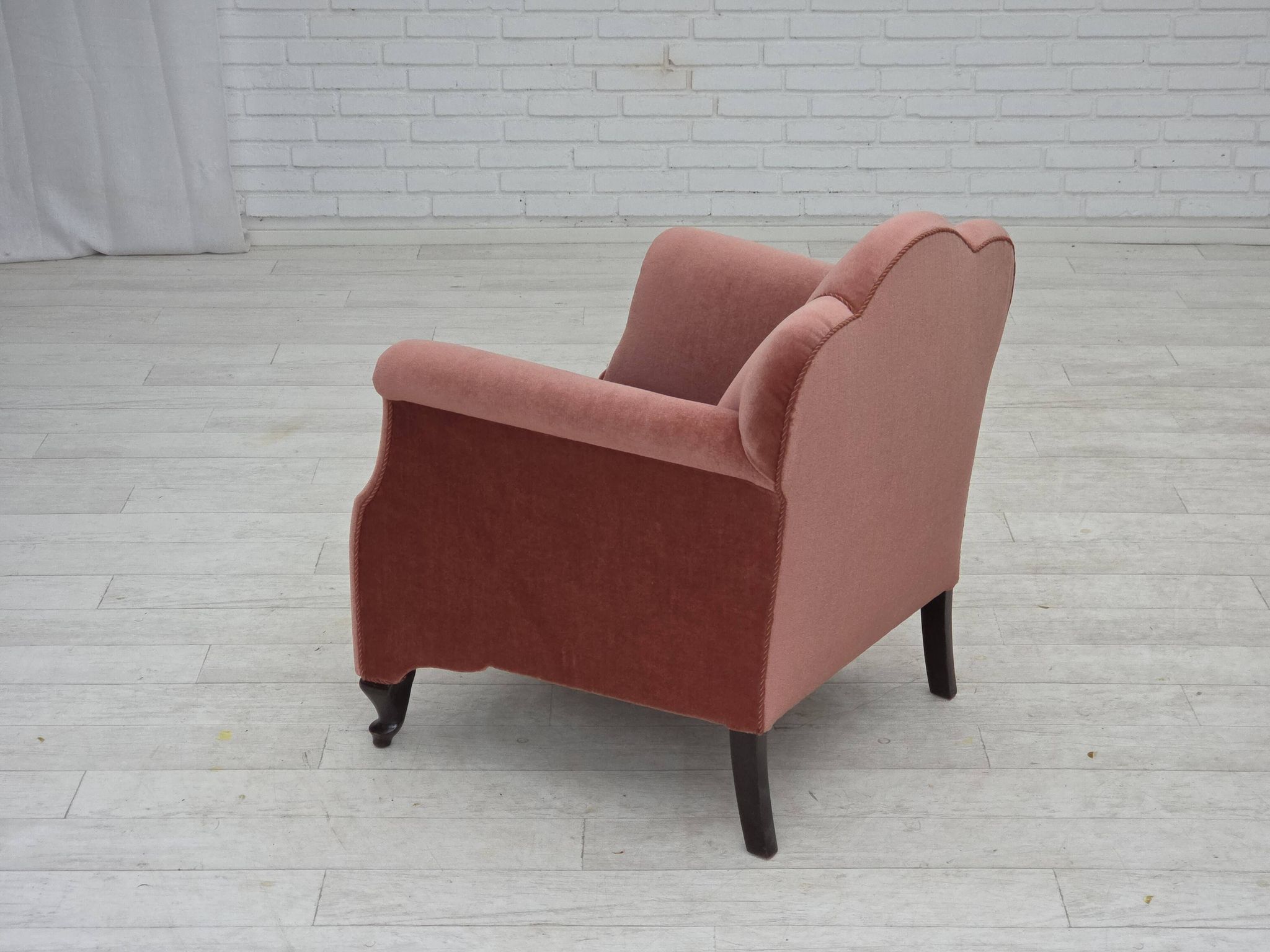 1950s, Danish armchair, salmon pink furniture velour, oak wood.