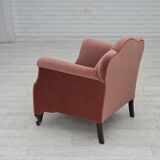 1950s, Danish armchair, salmon pink furniture velour, oak wood.
