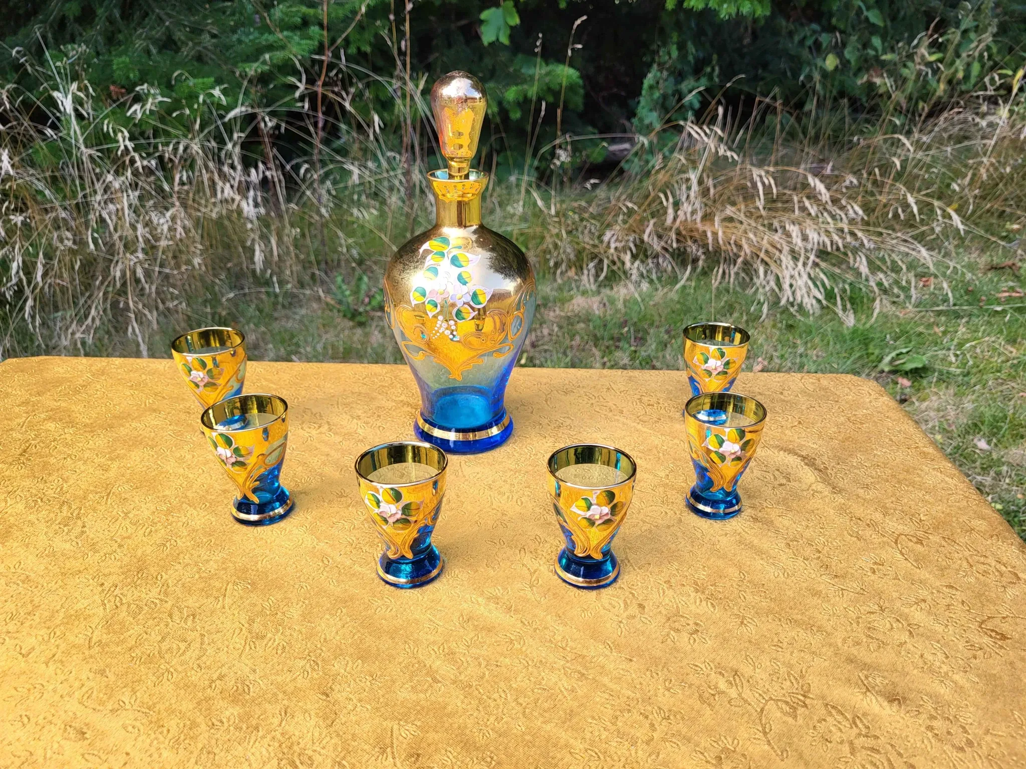 Vintage Murano Handmade Decanter Set - 24K Gold - Light blue 6 piece liquor