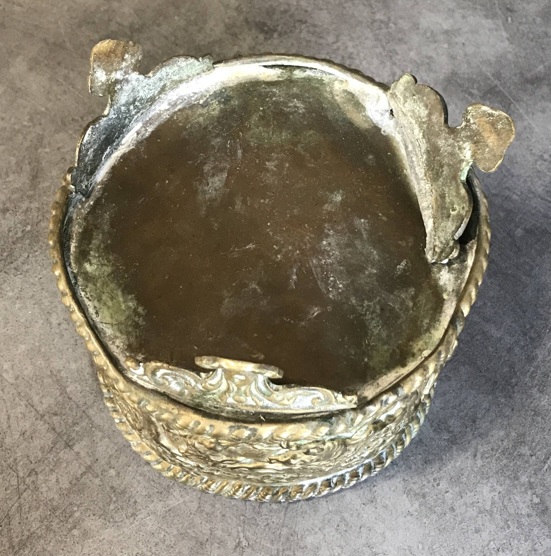 Antique Napoleon III Brass Planter with Embossed Hunting Scene Decor