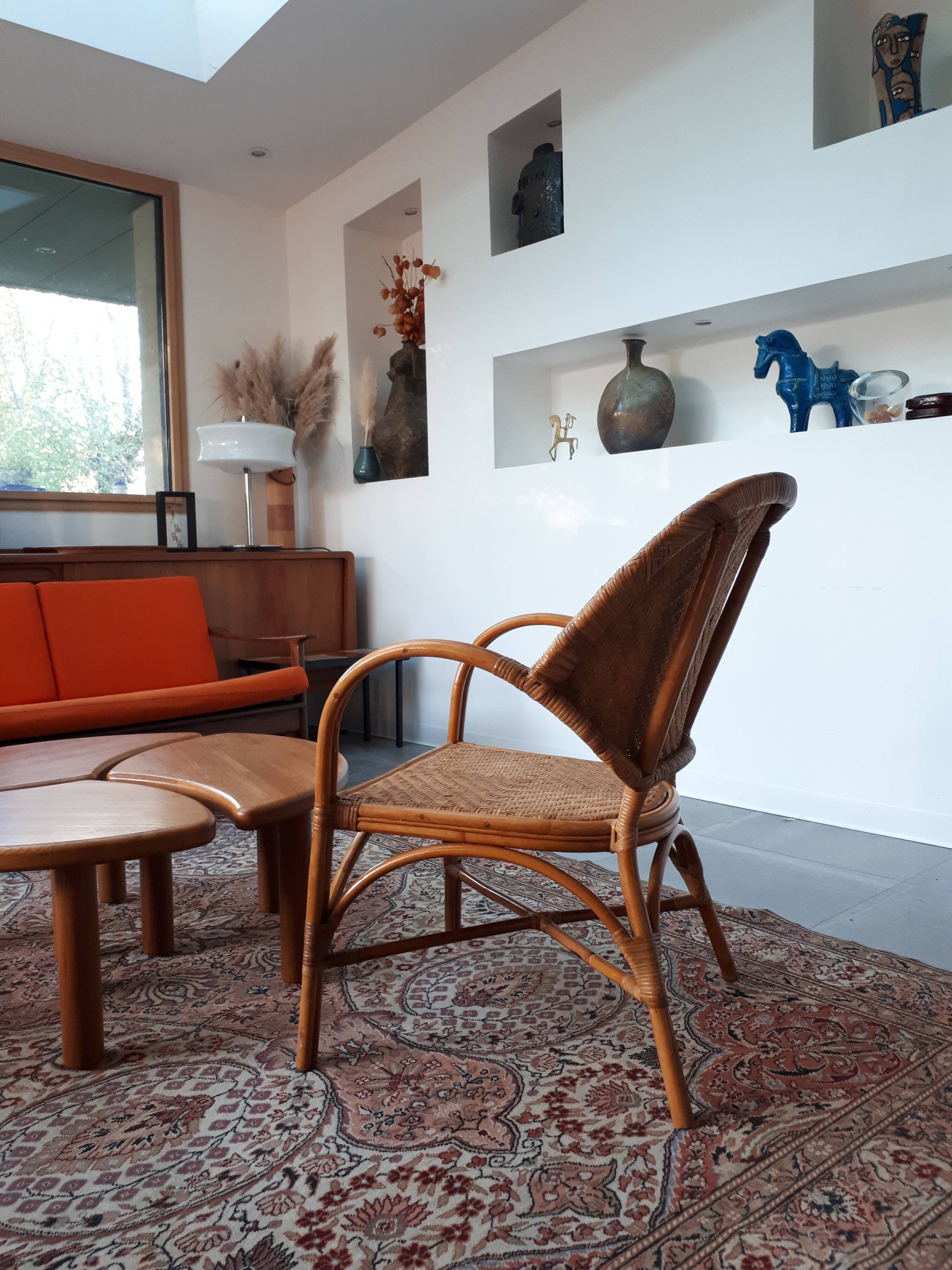 Pair of armchairs in braided rattan 70s