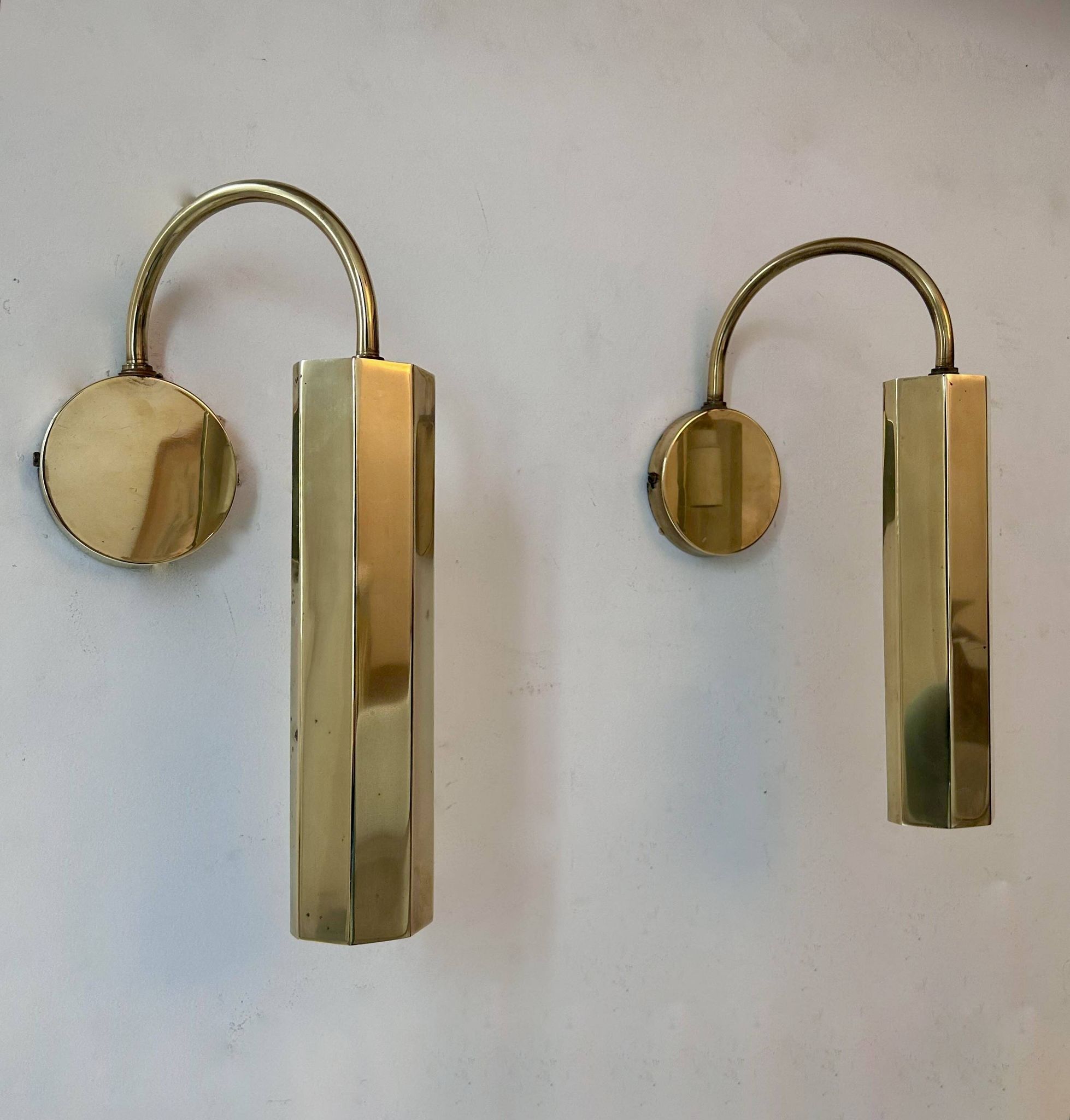 Pair of vintage adjustable wall lights, solid brass, France 1970