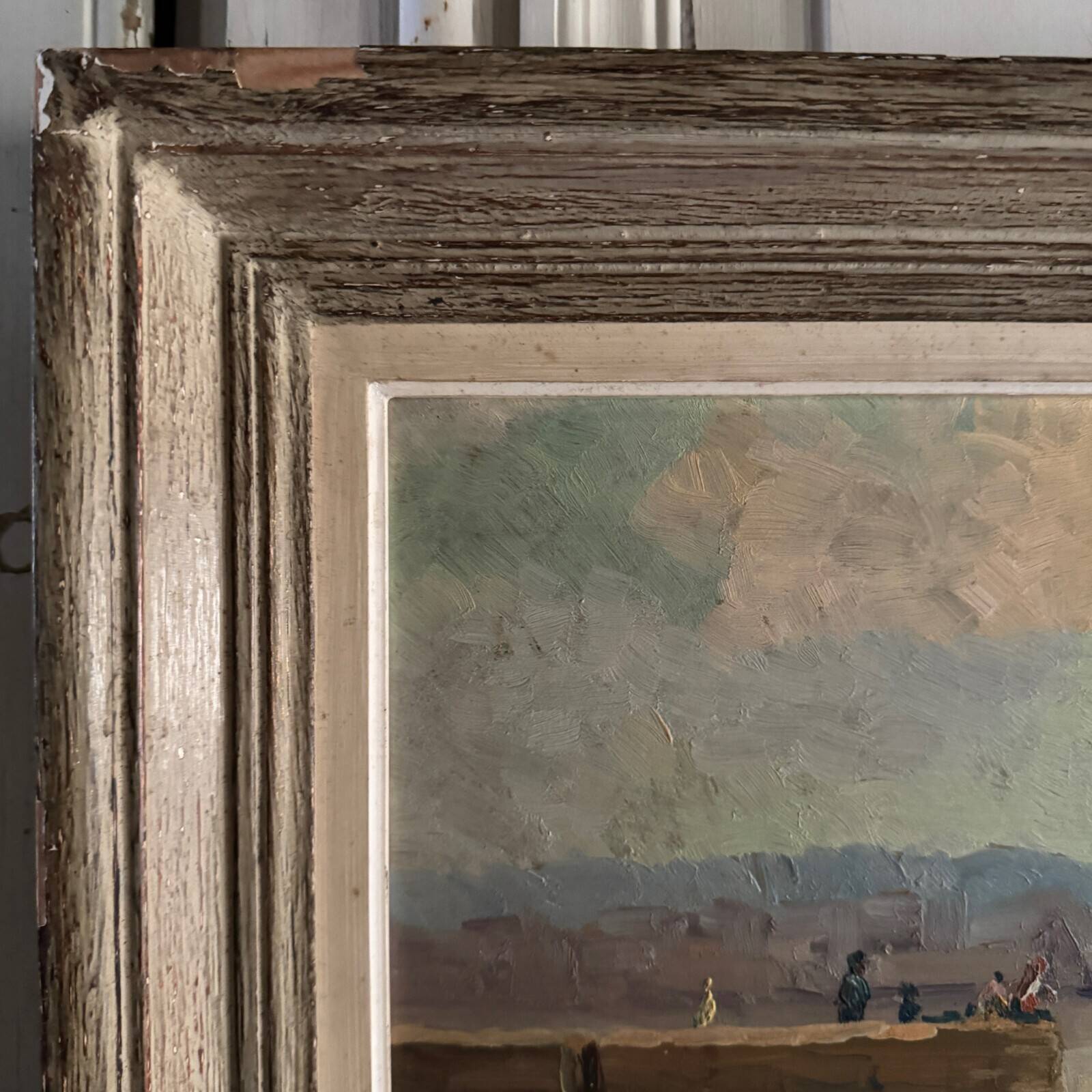 Oil on hardboard beachfront with fishermen on foot 1958 by RP