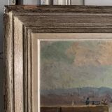 Oil on hardboard beachfront with fishermen on foot 1958 by RP