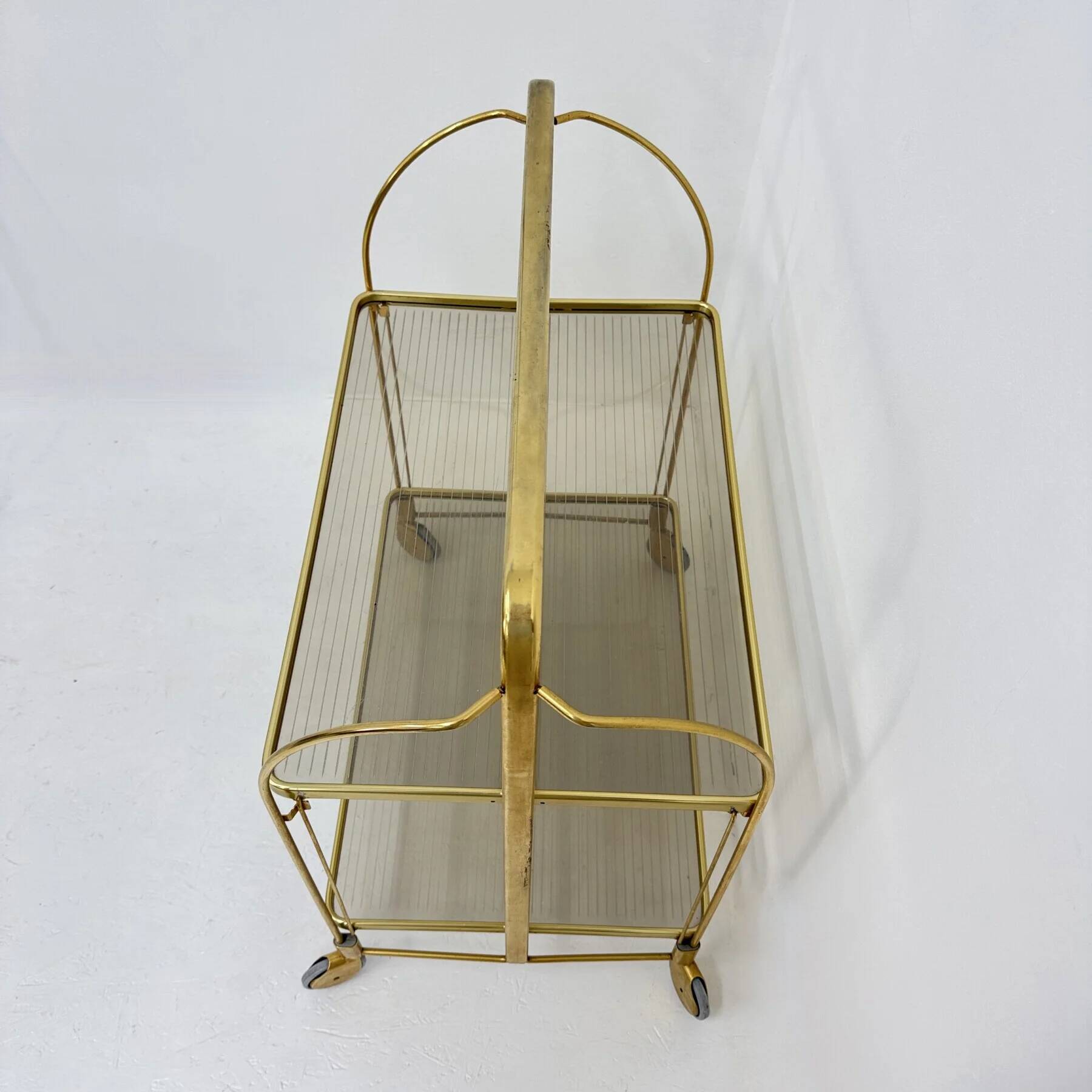 Mid-century modern folding bar cart in brass and ribbed acrylic glass, 1970s
