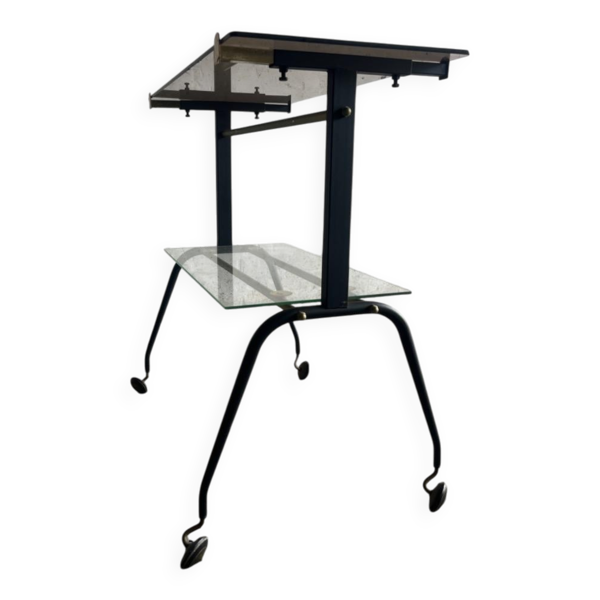 Chariot de bar vintage à deux niveaux, en laiton noir et verre, style années 50, avec pieds sculpturaux