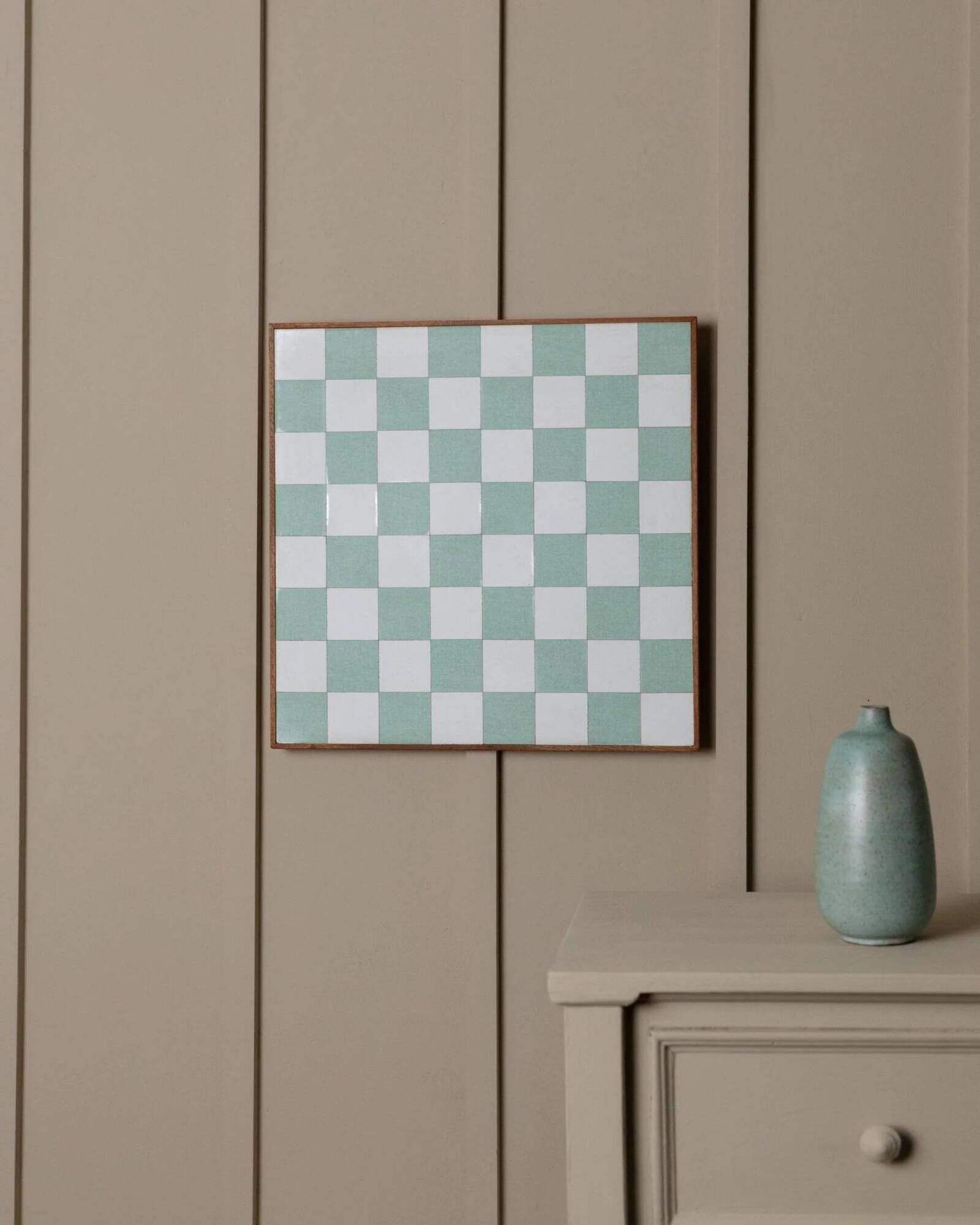 Beige and white Chessboard Wall Mural in wood frame – Italian 1980s abstract art