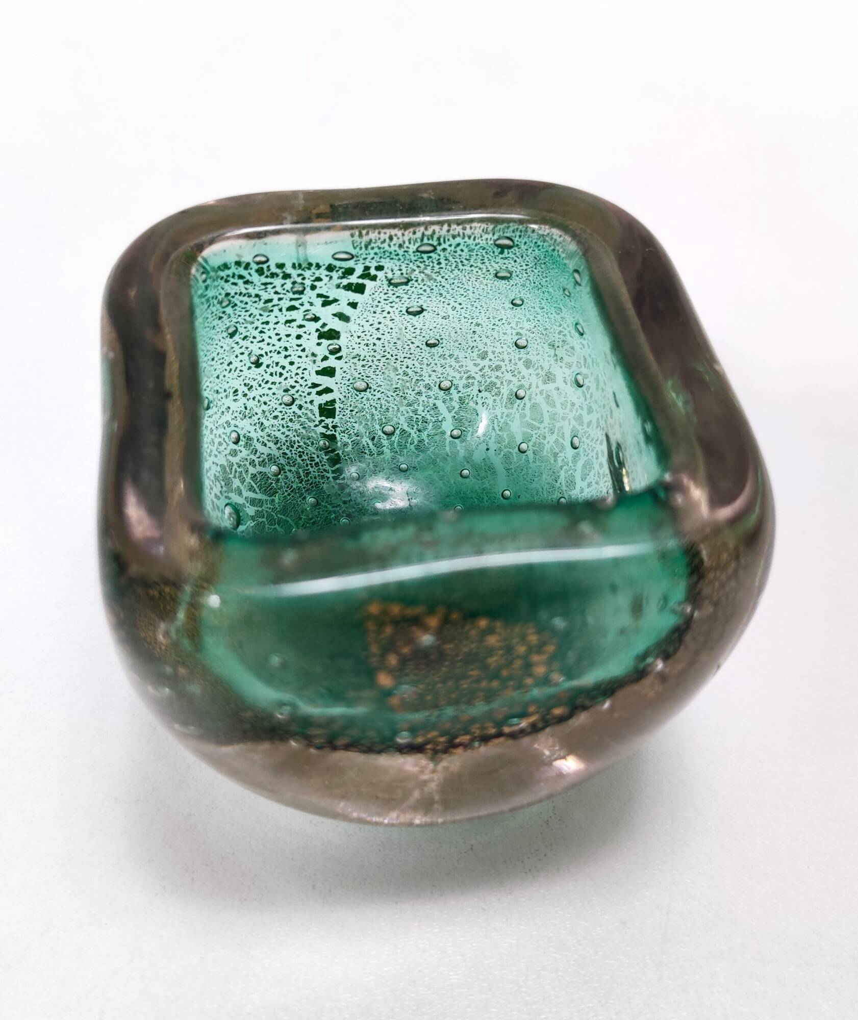 Green Gold Flecked Sommerso Glass Bonbonnière / Trinket Bowl by Venini, Ita