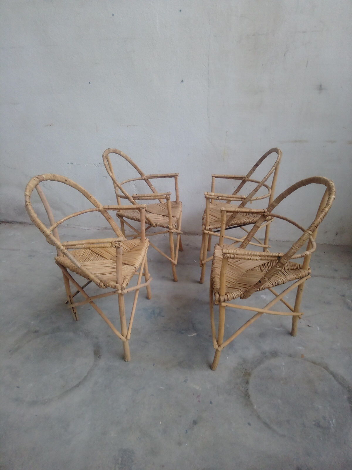 Set of 4 armchairs vintage wood and rattan