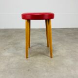 Baumann bistro stool wood and imitation red leather 60s