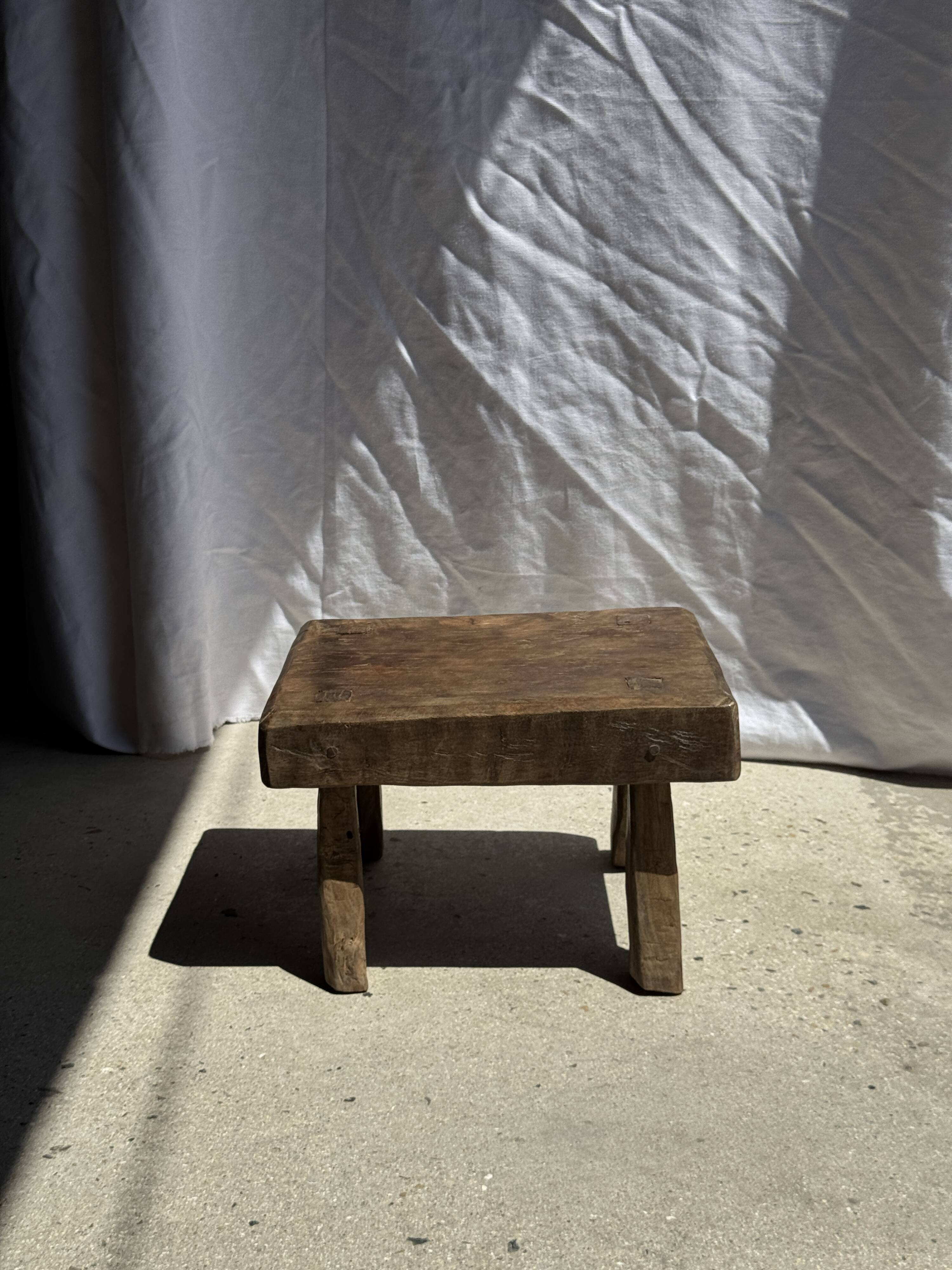 Small stool, rectangular accent stool in solid teak wabi-sabi H26