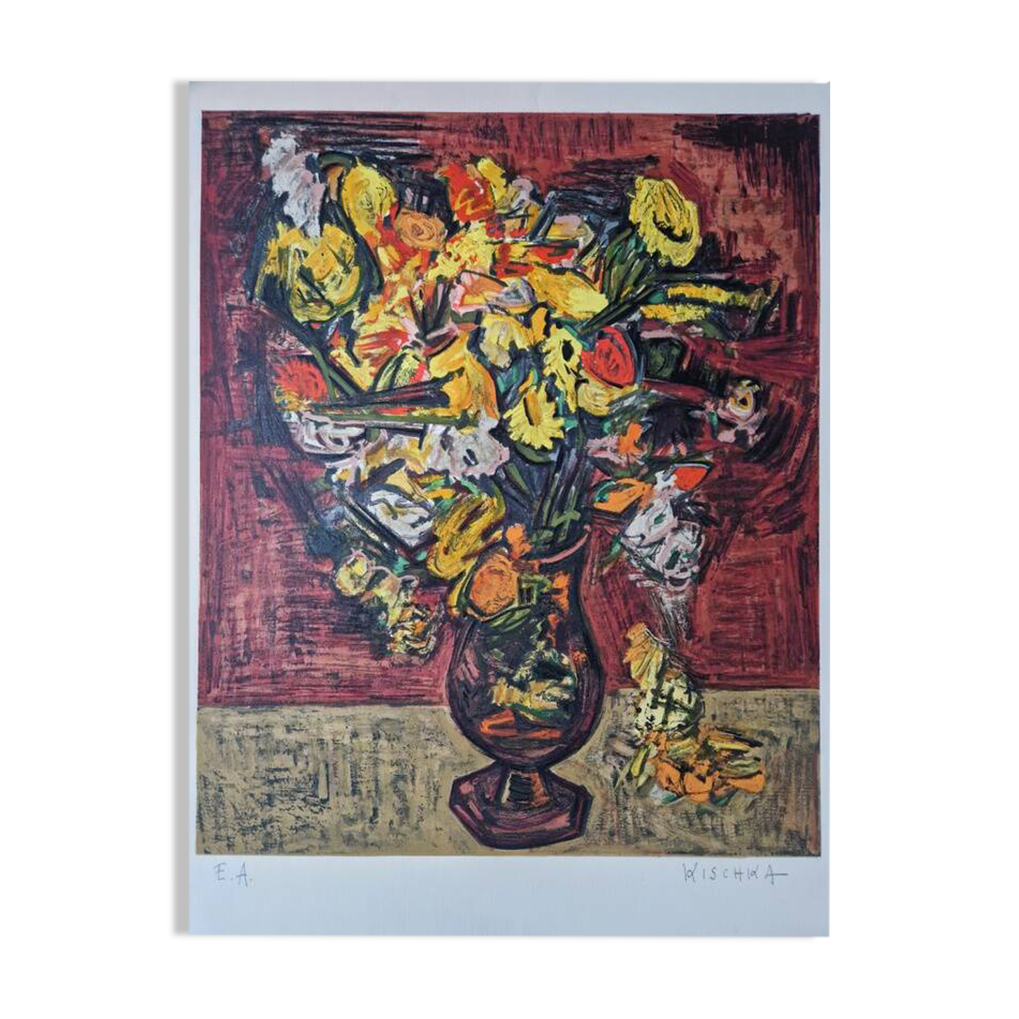 Isis Kischka (1908-1973) - Lithographie en couleurs - Bouquet de fleurs