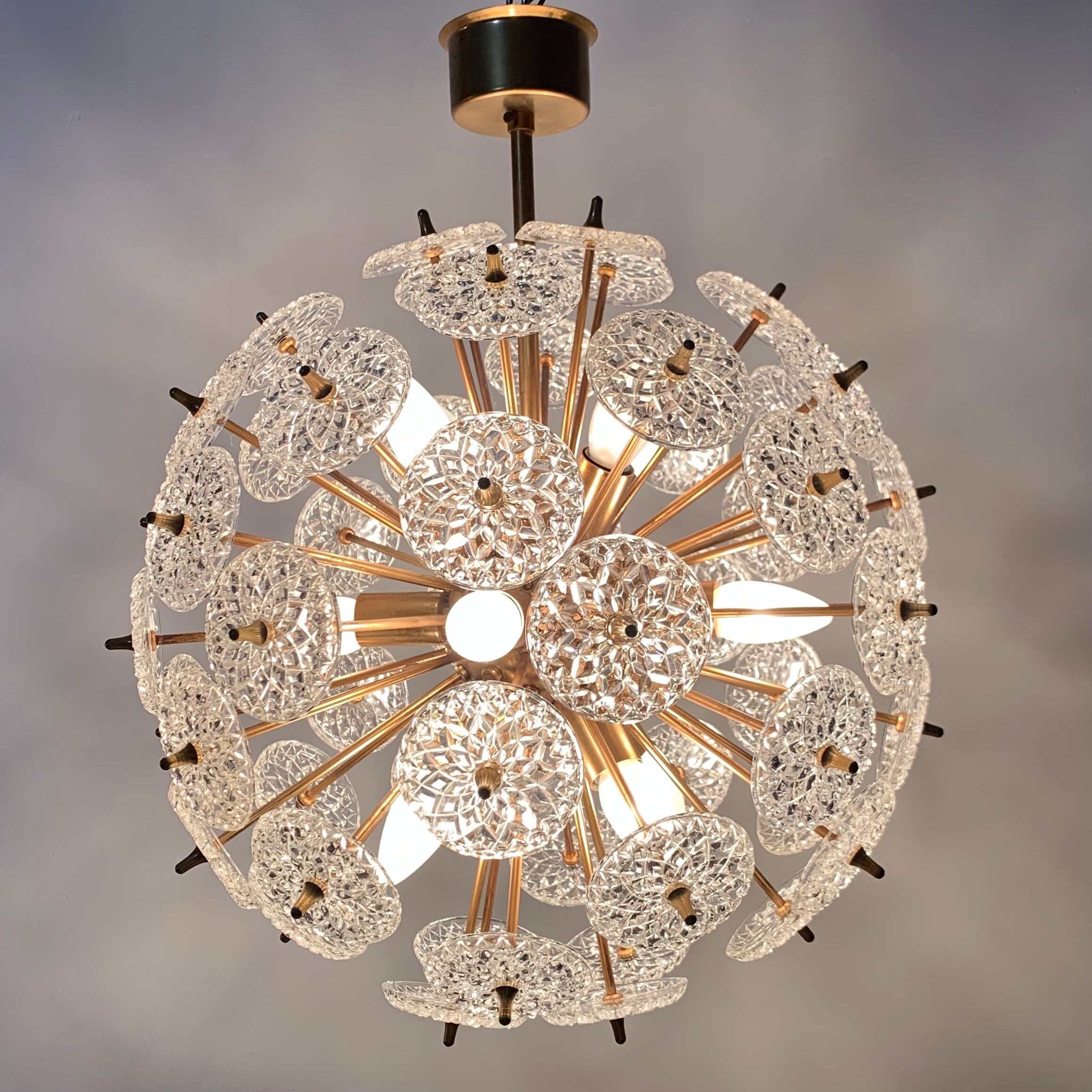 Val Saint Lambert crystal sputnik gold chandelier , 1960’s