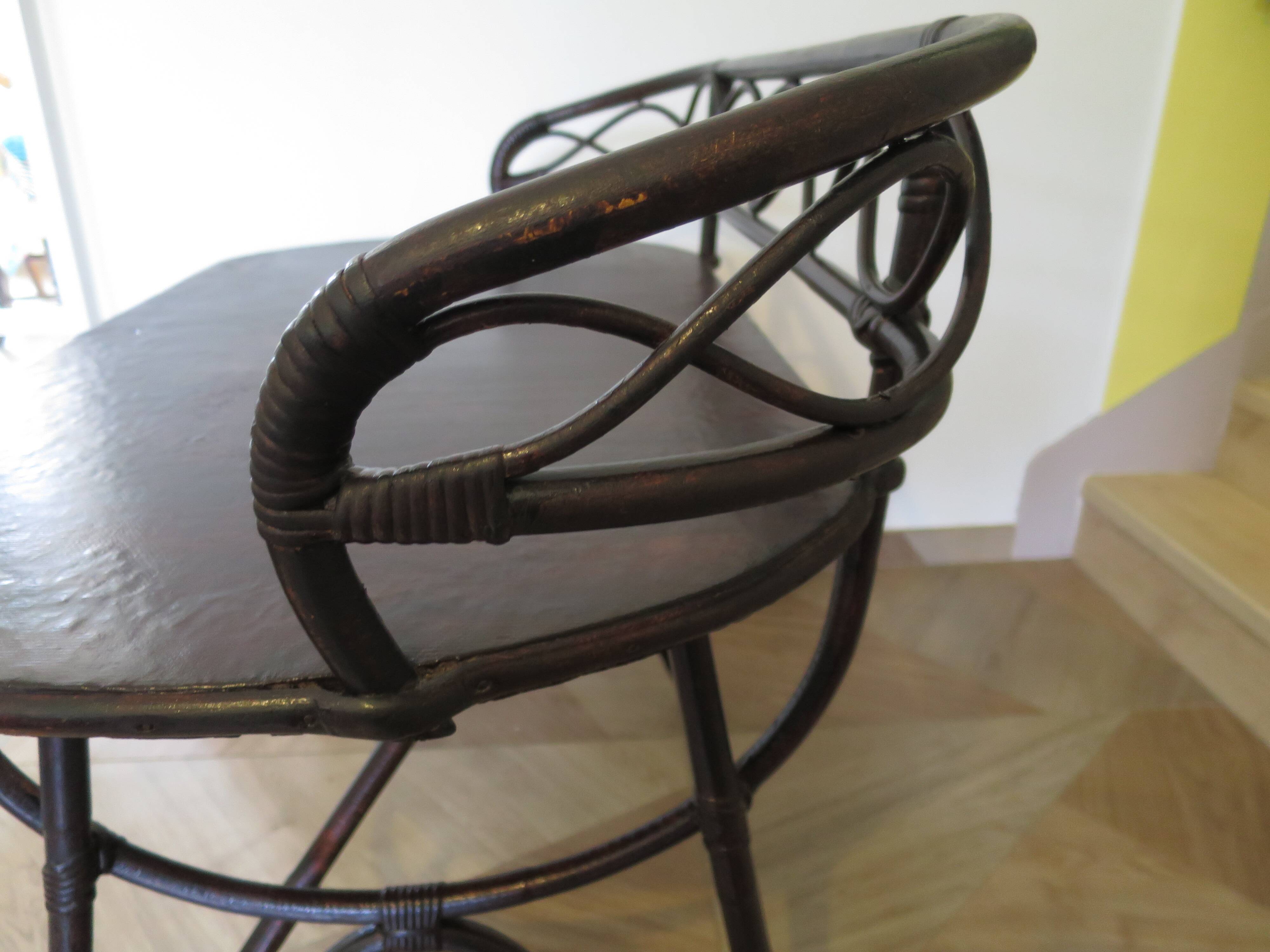 Vintage children's desk console bamboo rattan curved wood Thonet style 80s dark mahogany