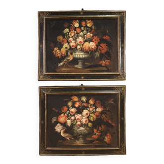 Paintings from the Lombard school of the 17th century, pair of still life with vase of flowers