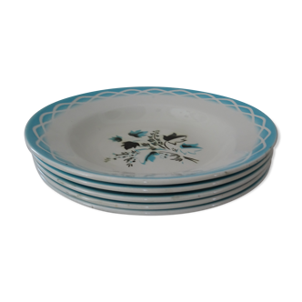 5 Plates faience old Sarreguemines decoration Albert turquoise blue