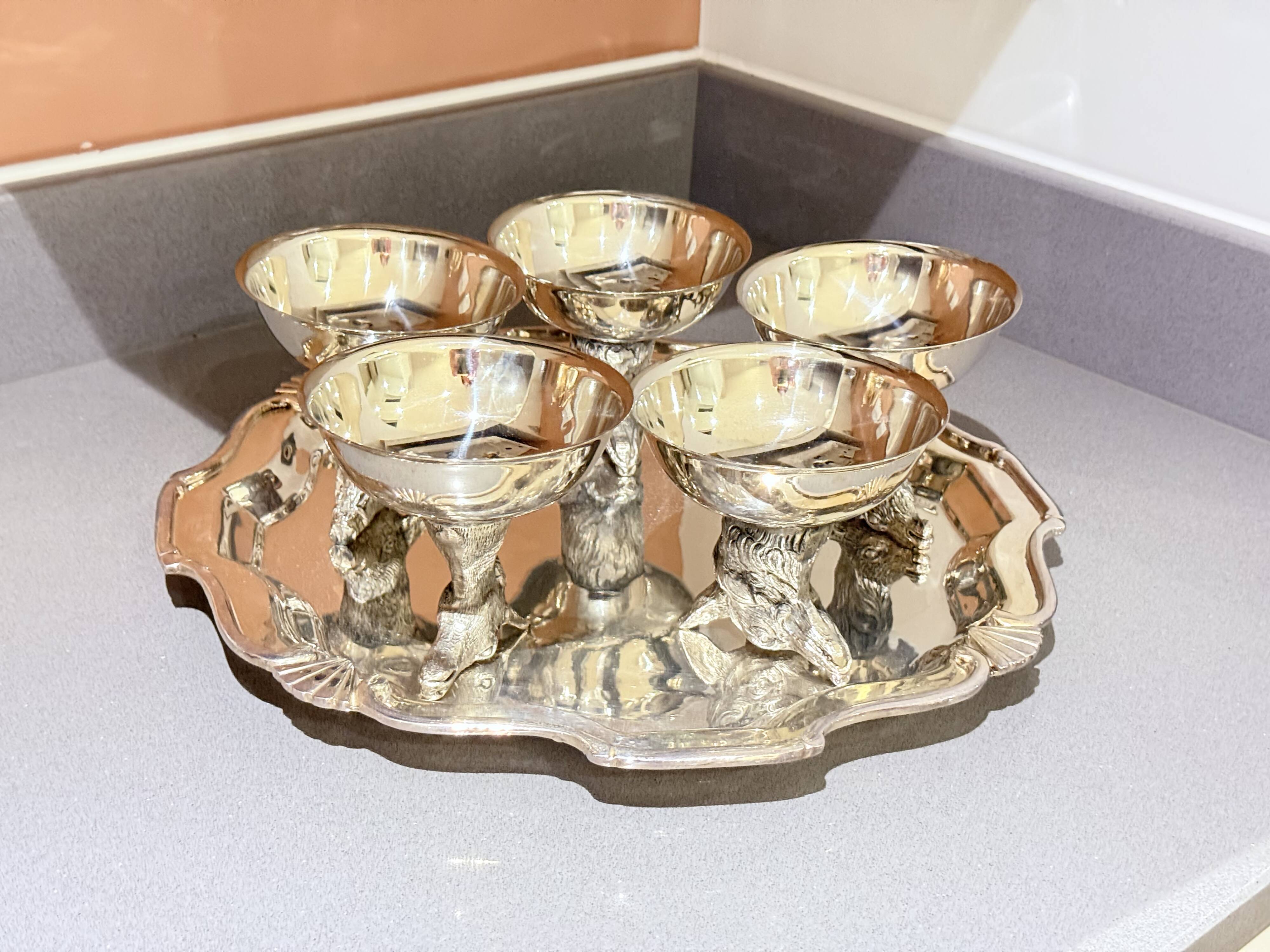 Italian Silver-Plated Animal Head Liqueur Cups with Matching Serving Tray Set 6