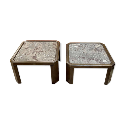 Paire de tables basses en chêne et pierre fossile - travail des années 1970