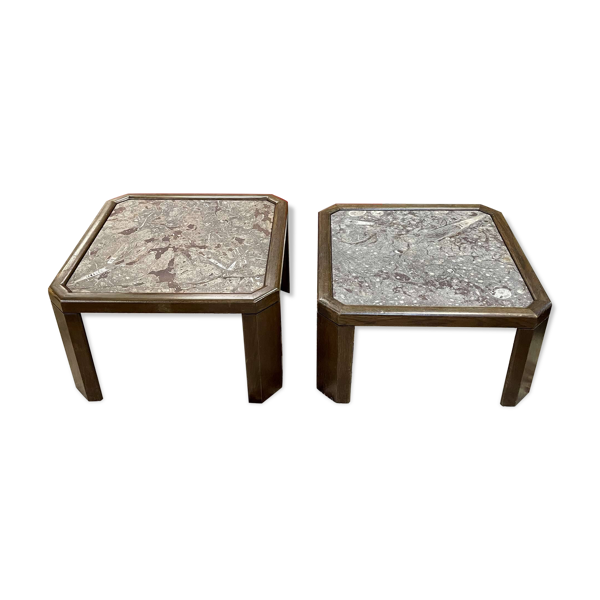 Paire de tables basses en chêne et pierre fossile - travail des années 1970