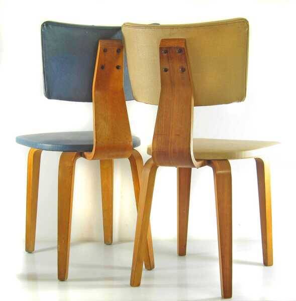 Vintage set of two Cor Alons chairs – bent plywood & blue and cream skai upholstery – 1950s Dutch design