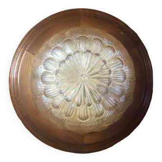 Old golden molded glass pendant light + vintage wood contour #a378