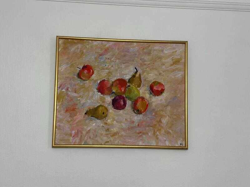 Original Swedish oil on canvas – “Frukt” by Bente Bjerregaard – dated 1989 – vintage & framed 59 × 70 cm