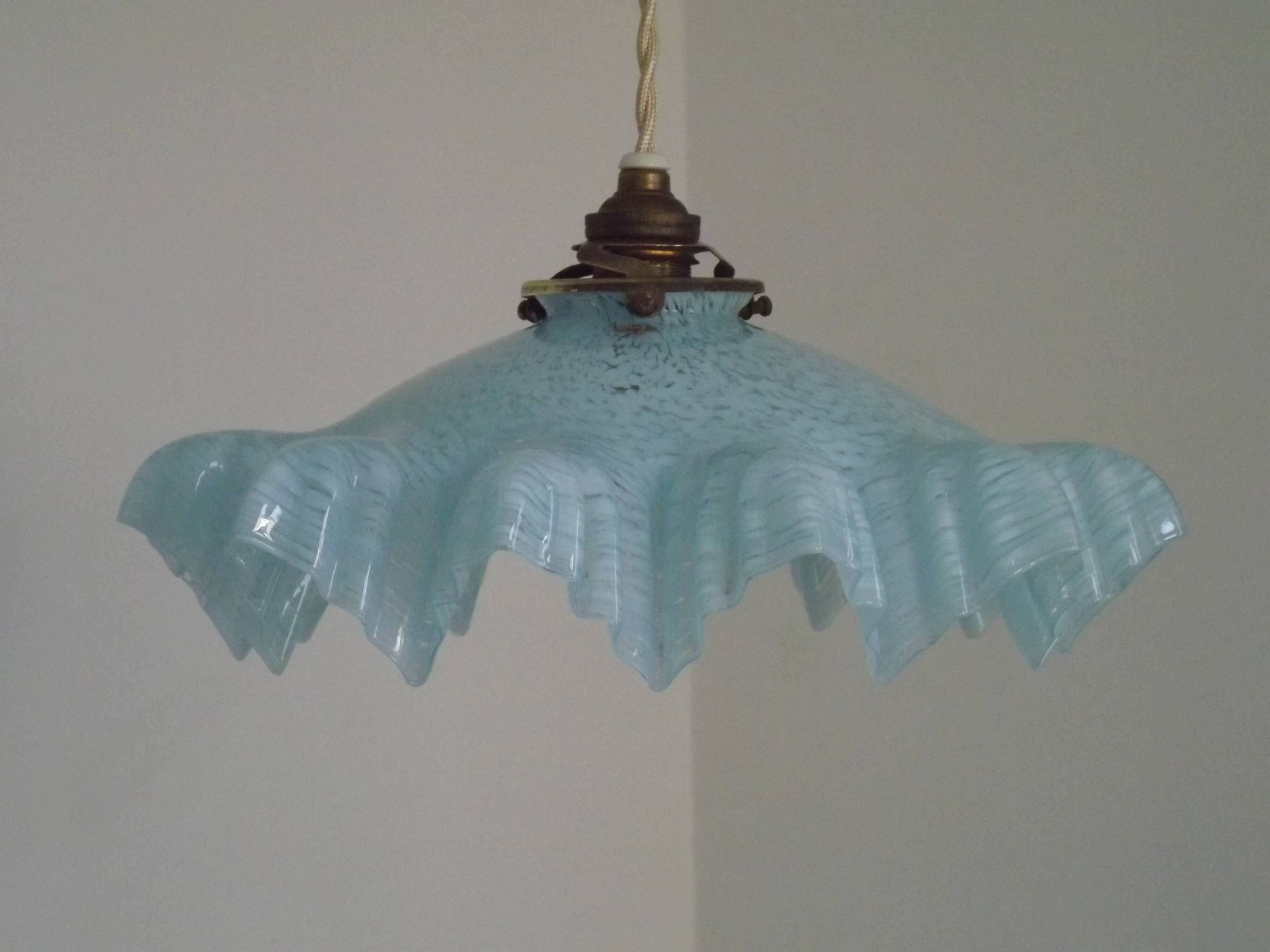French Vintage 1930s Pale Blue Frilled Clichy Glass Lampshade Ceiling Light