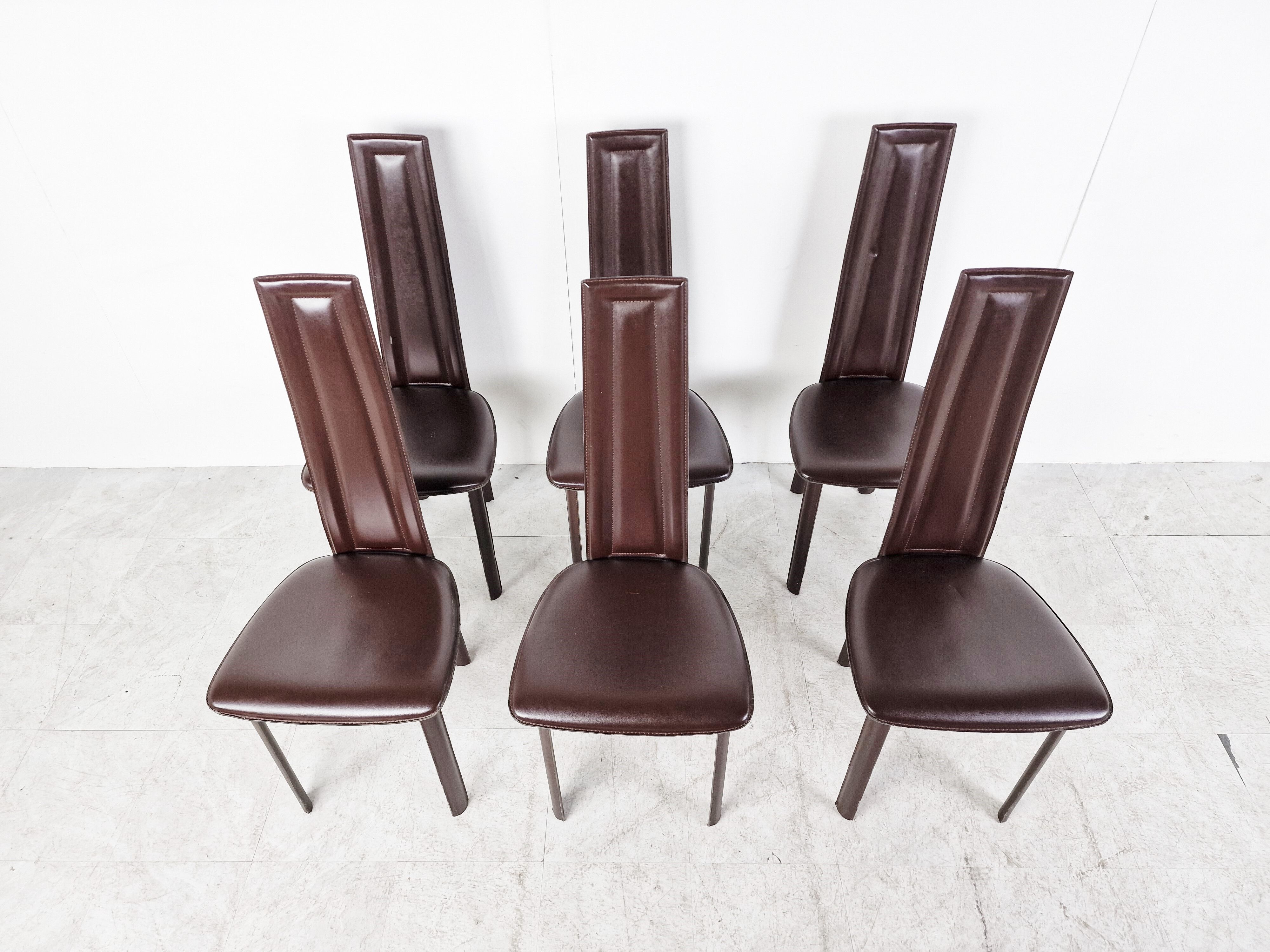 Vintage brown leather dining chairs, set of 6, 1980s