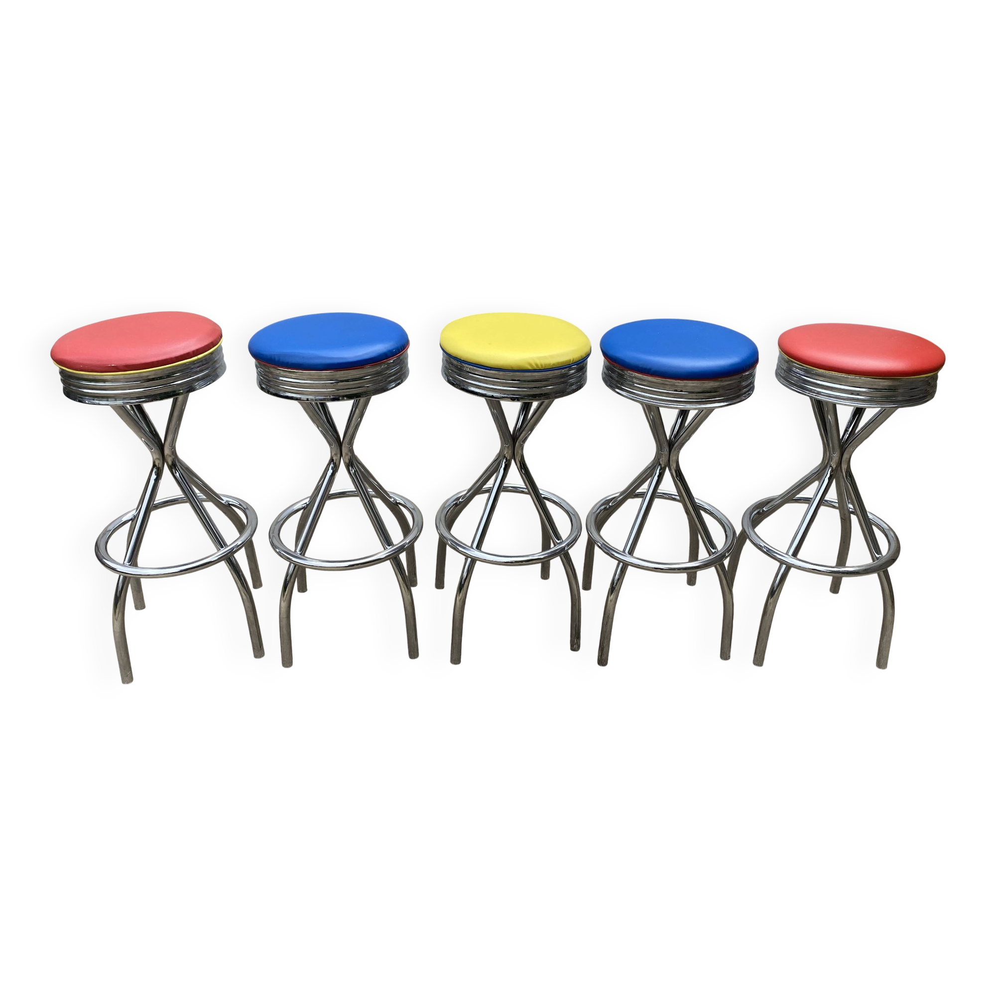 Set of 5 vintage swivel bar stools in blue, red, orange, and yellow.