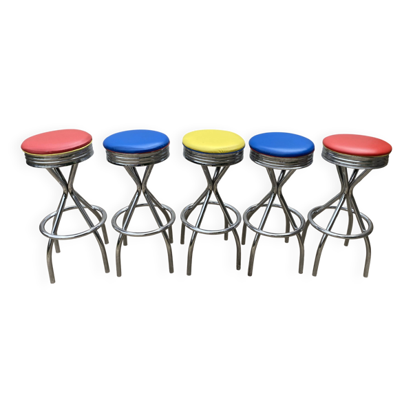 Lot de 5 tabourets haut pivotants de bar vintage bleu rouge orange jaune — Beyit