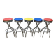 Set of 5 vintage swivel bar stools in blue, red, orange, and yellow.