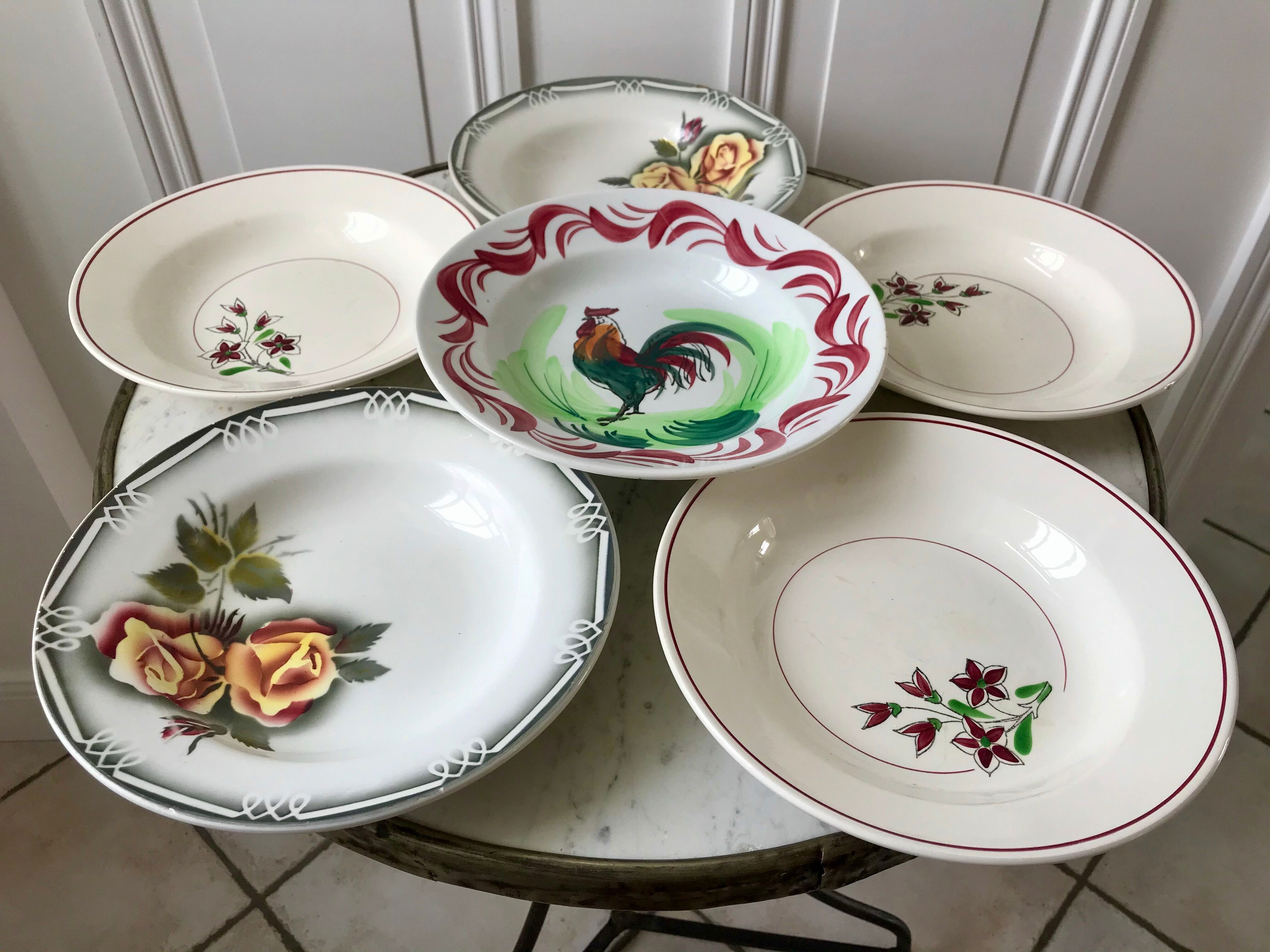 Set of 6 mismatched hollow plates Salins, Digoin Sarreguemines model "Agreste" and Moulin des