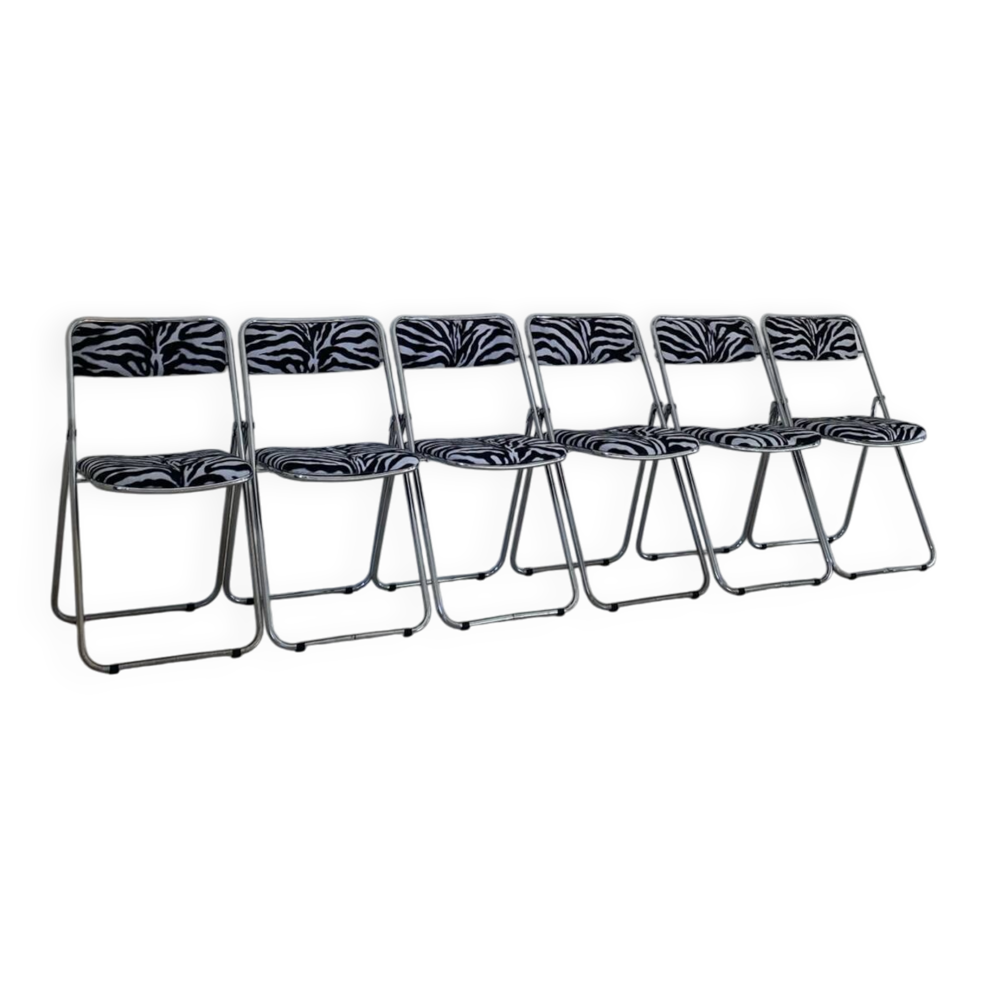 6 folding chairs in metal and zebra-patterned fabric, 1970s