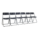 6 folding chairs in metal and zebra-patterned fabric, 1970s
