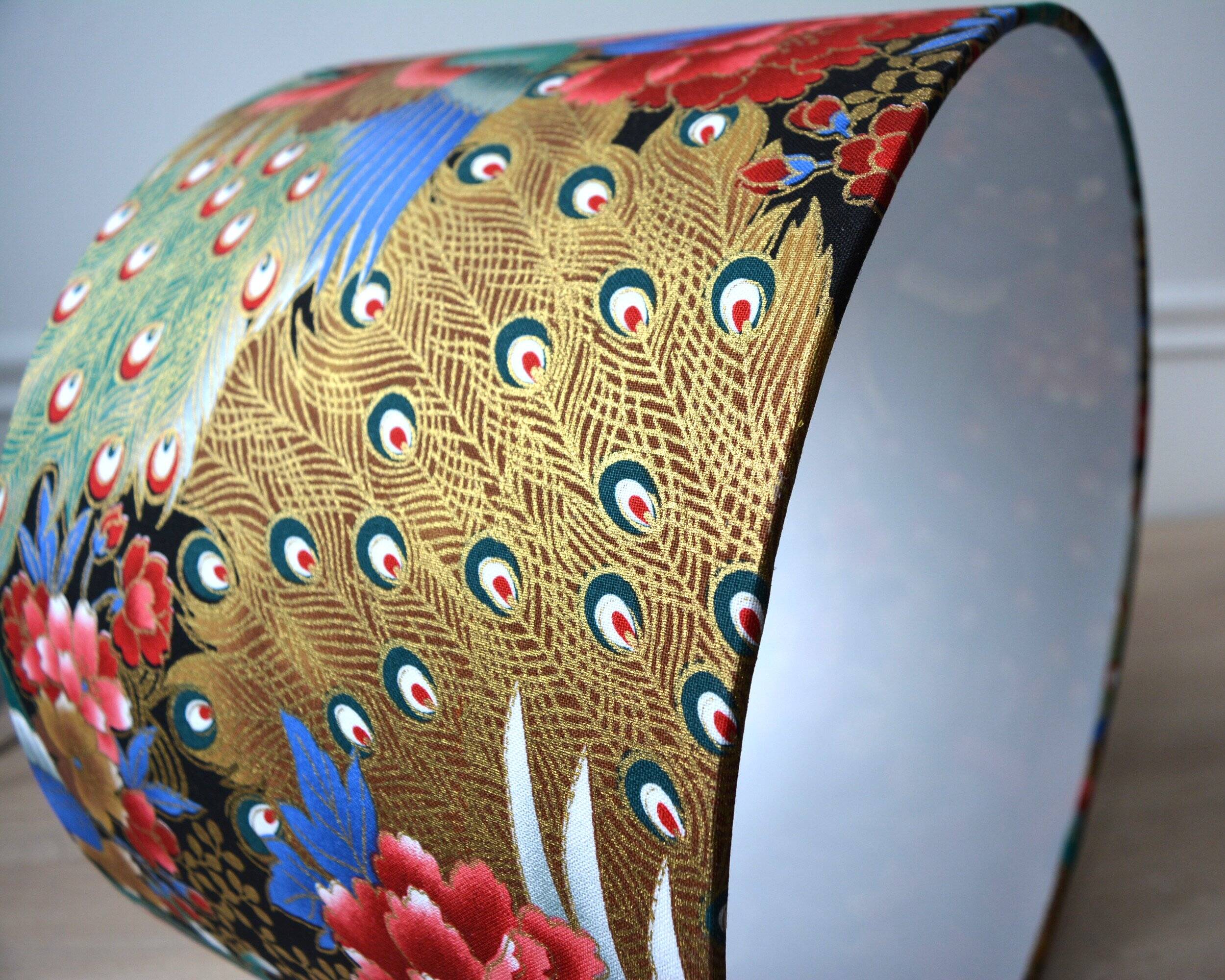 Jouy fabric lampshade, peacock, flowers, gold.