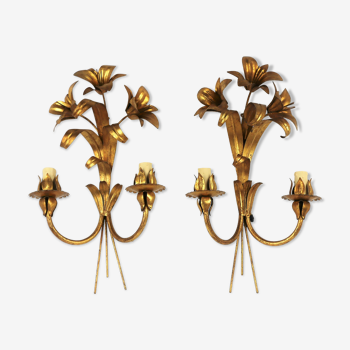 Golden metal flower sconces 1960 in pairs