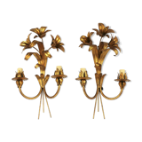Golden metal flower sconces 1960 in pairs