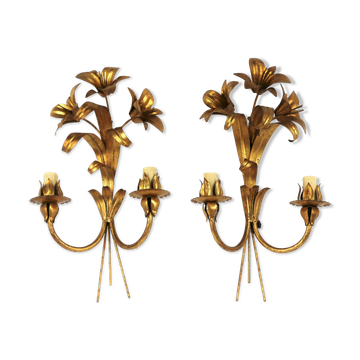 Appliques fleurs dorées en métal 1960 en paire